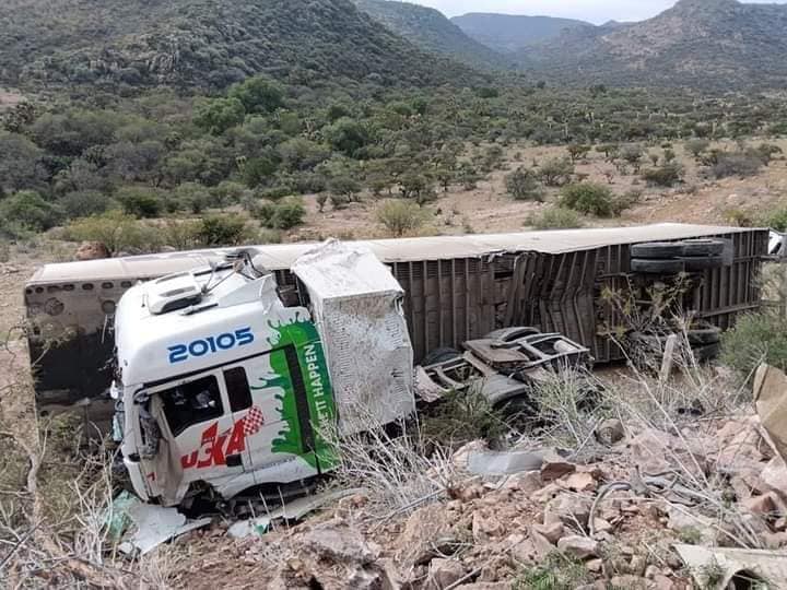 Un tráiler de una empresa de Aguascalientes y un automóvil cayeron un barranco en Zacatecas
